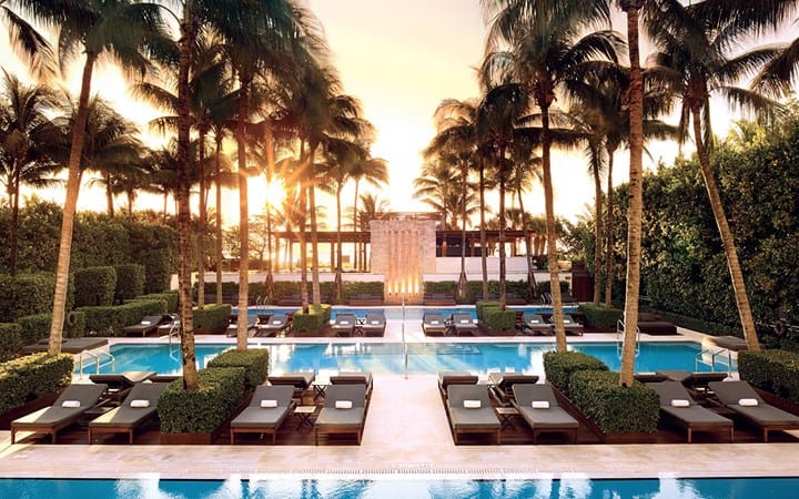 Luxury poolside view at The Setai Miami Beach, perfect New Year’s Eve hotel destination.