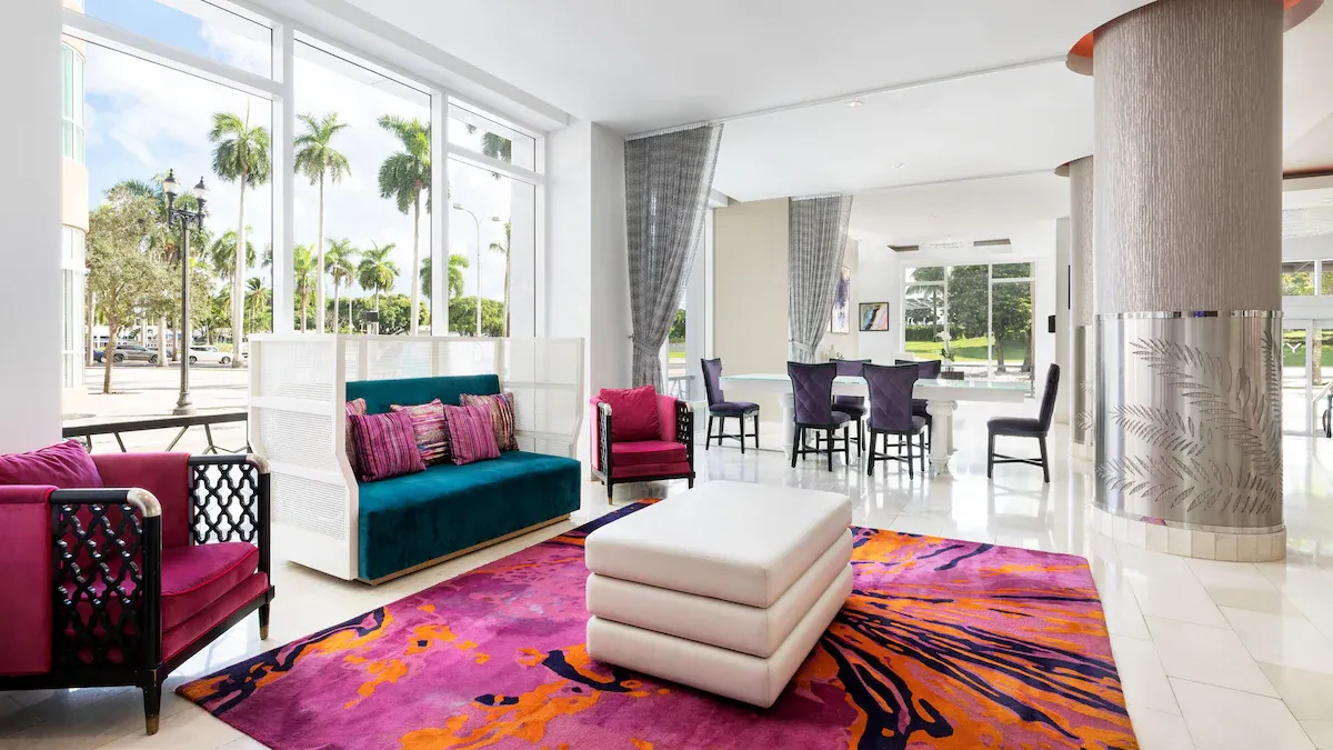 Lobby of YVE Hotel Miami Downtown with modern seating near Bayfront Park, budget-friendly hotel for Ultra Miami 2026
