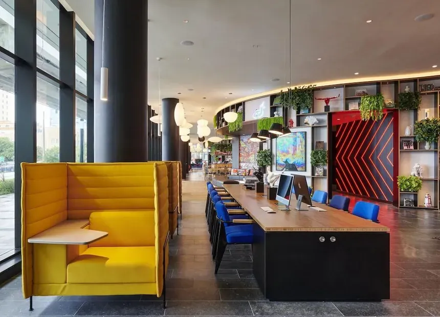citizenM Miami Worldcenter lobby near Miami cruise port, modern safe hotel for cruise travelers.