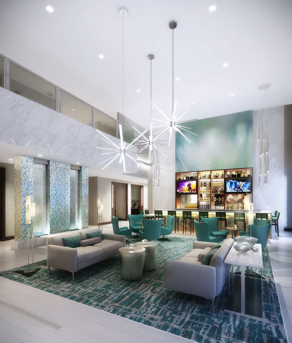 Hotel lobby bar and lounge at Wyndham Garden Miami International Airport with modern seating and dining options.