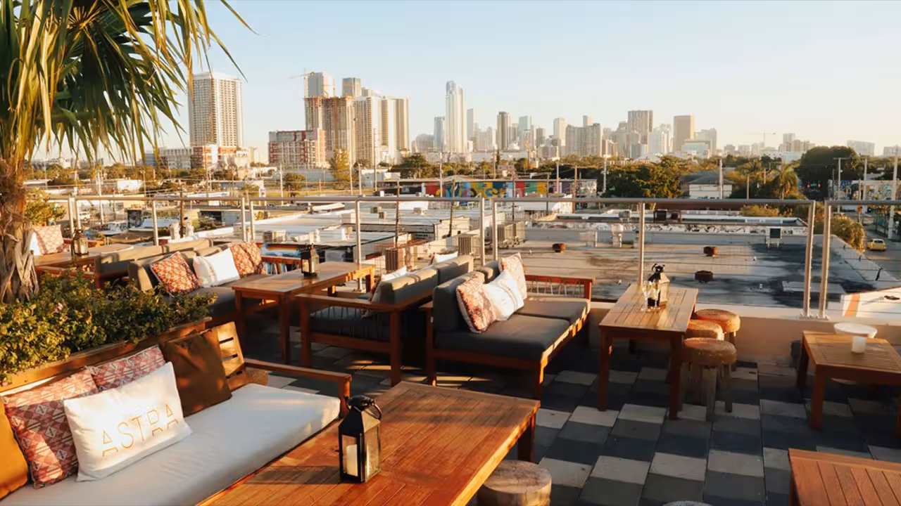 Astra rooftop lounge in Wynwood Miami with skyline views and sunset cocktails