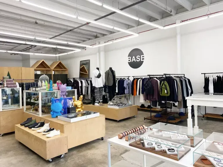 BASE retail store interior in Wynwood Miami featuring streetwear fashion sneakers and designer accessories