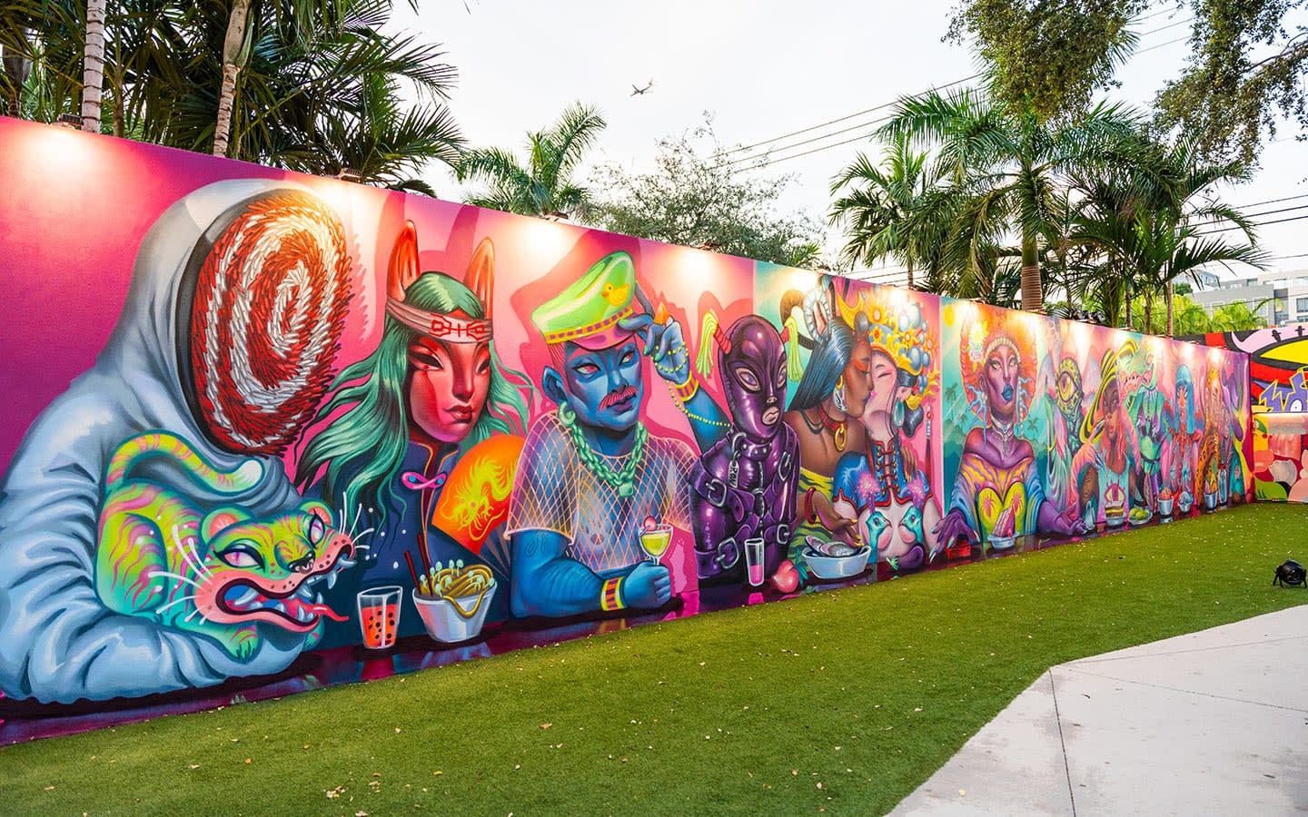 Panoramic view of vibrant graffiti murals at Wynwood Walls, Miami’s iconic open-air street art museum